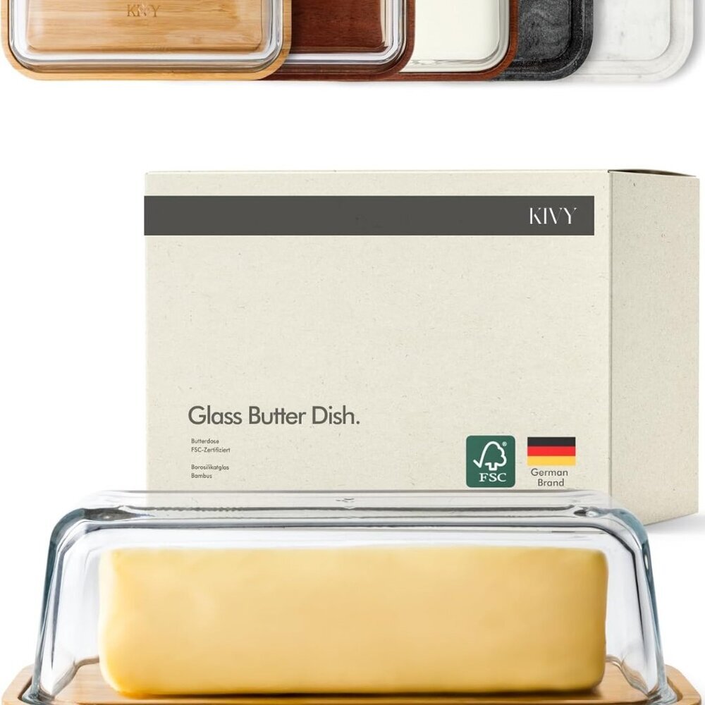 Glass butter dish with airtight lid that keeps butter soft - For countertop and